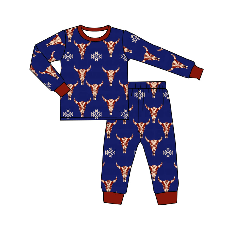 MOQ 5 blue bull skull aztec western kids pajamas