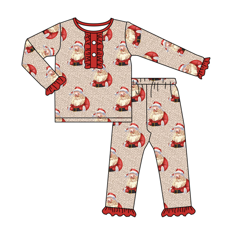 MOQ 5 santa leopard long sleeves girls Christmas pajamas