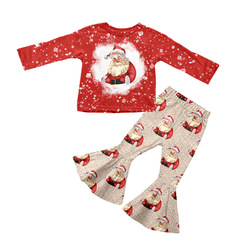 MOQ 5 Red bleached santa top pants girls Christmas outfits