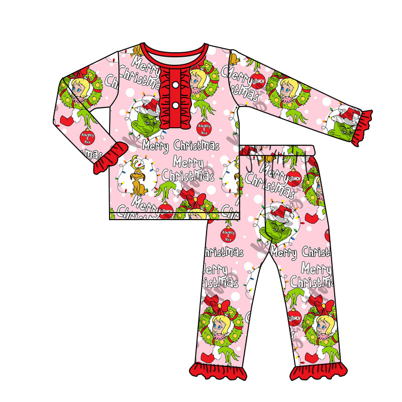 MOQ 5 merry Christmas green face pink girls pajamas