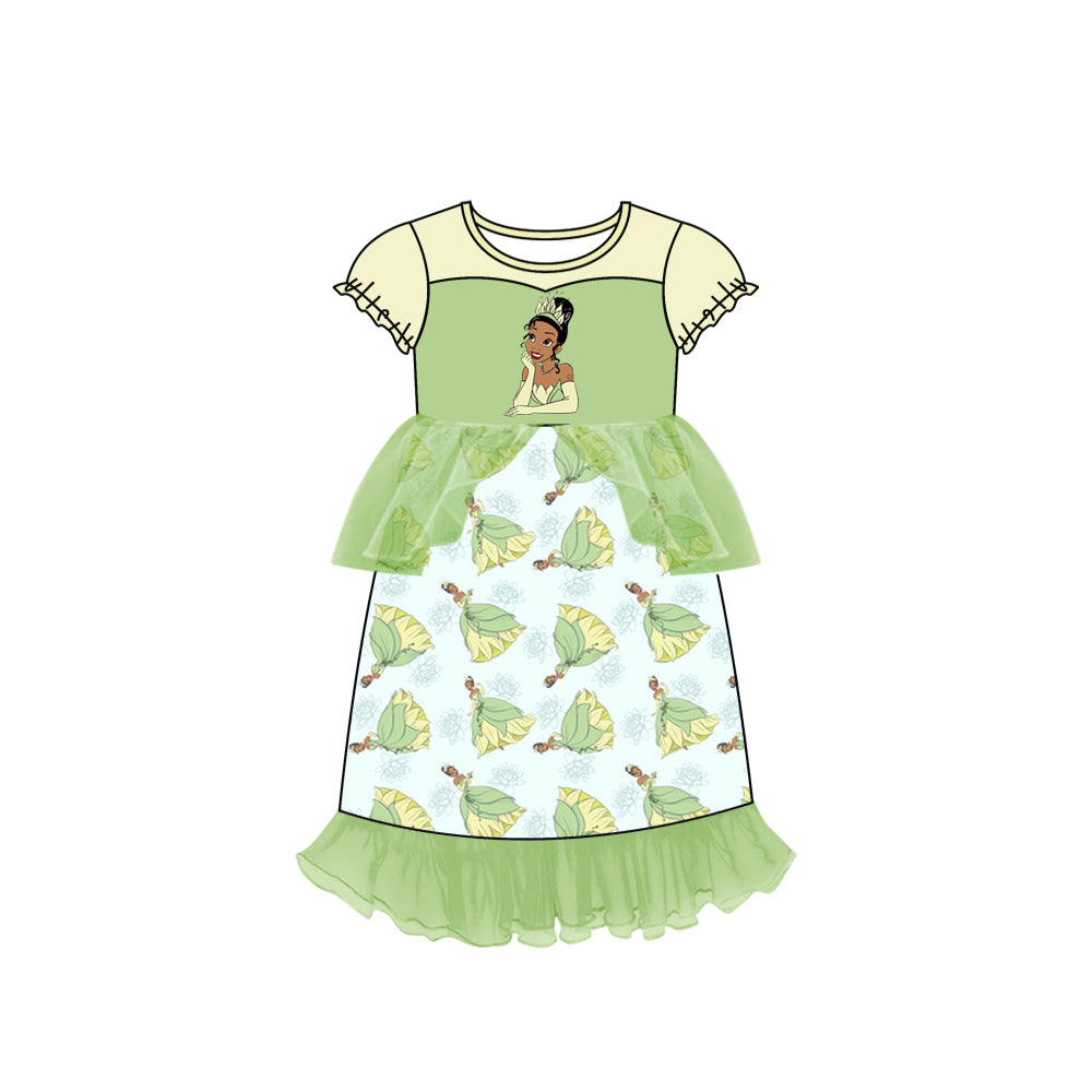 MOQ 5 yellow green short sleeves princess girls tulle dress