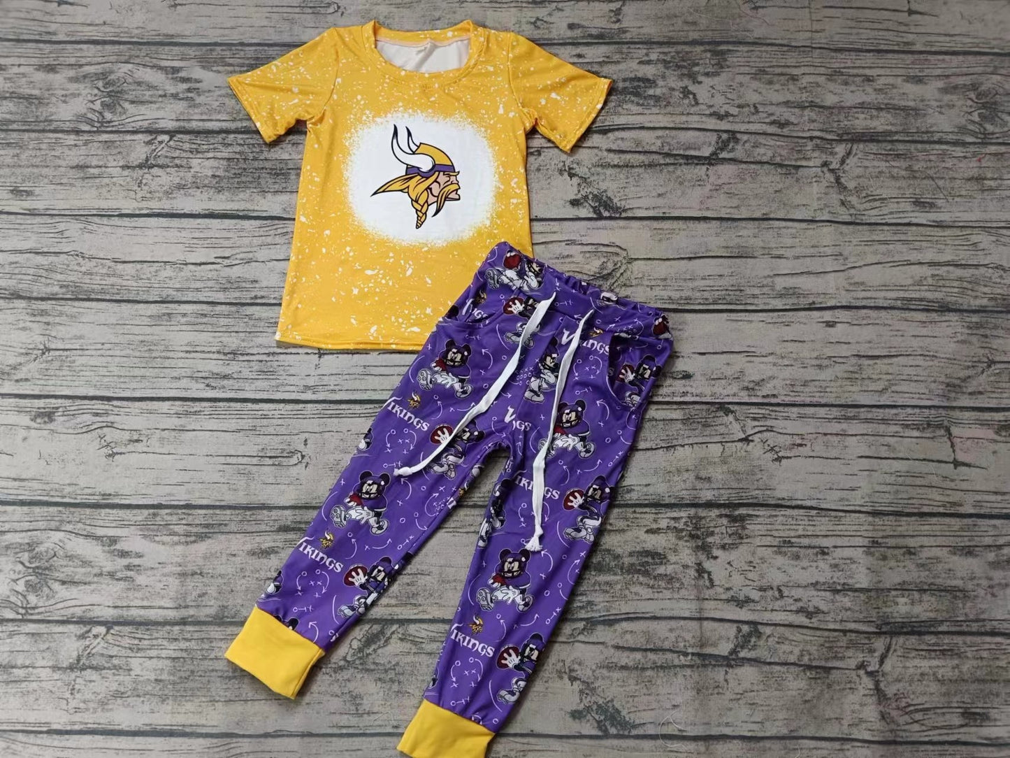 MOQ 3 pcs yellow bleached top purple pants kids team outfits