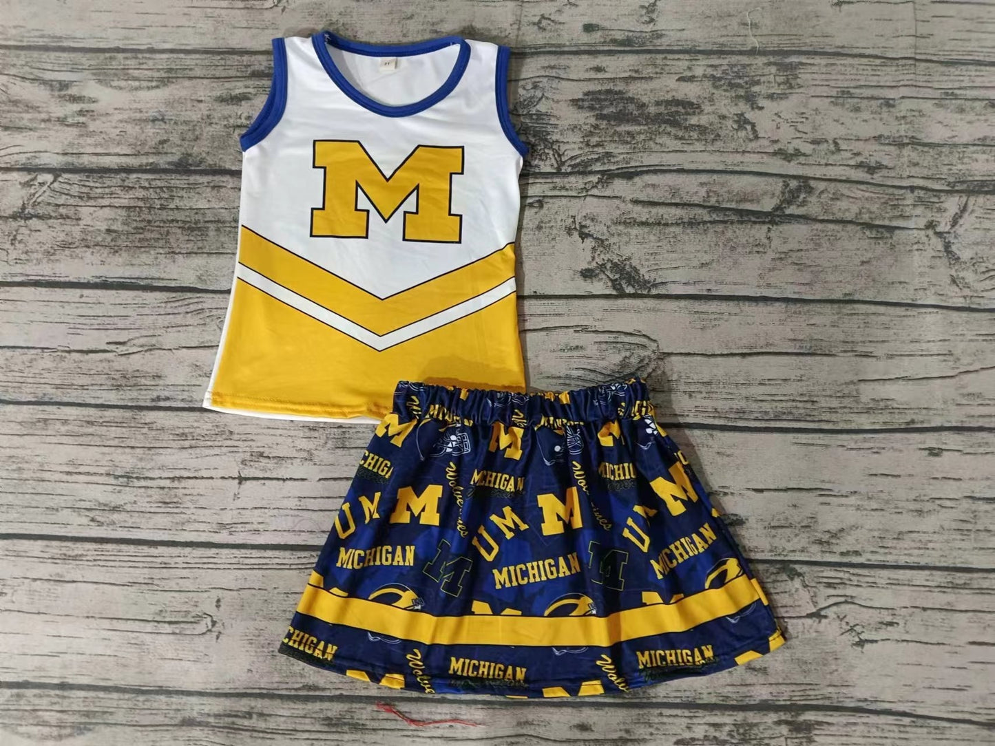 MOQ 3 pcs M blue yellow white top skirt girls cheer clothes