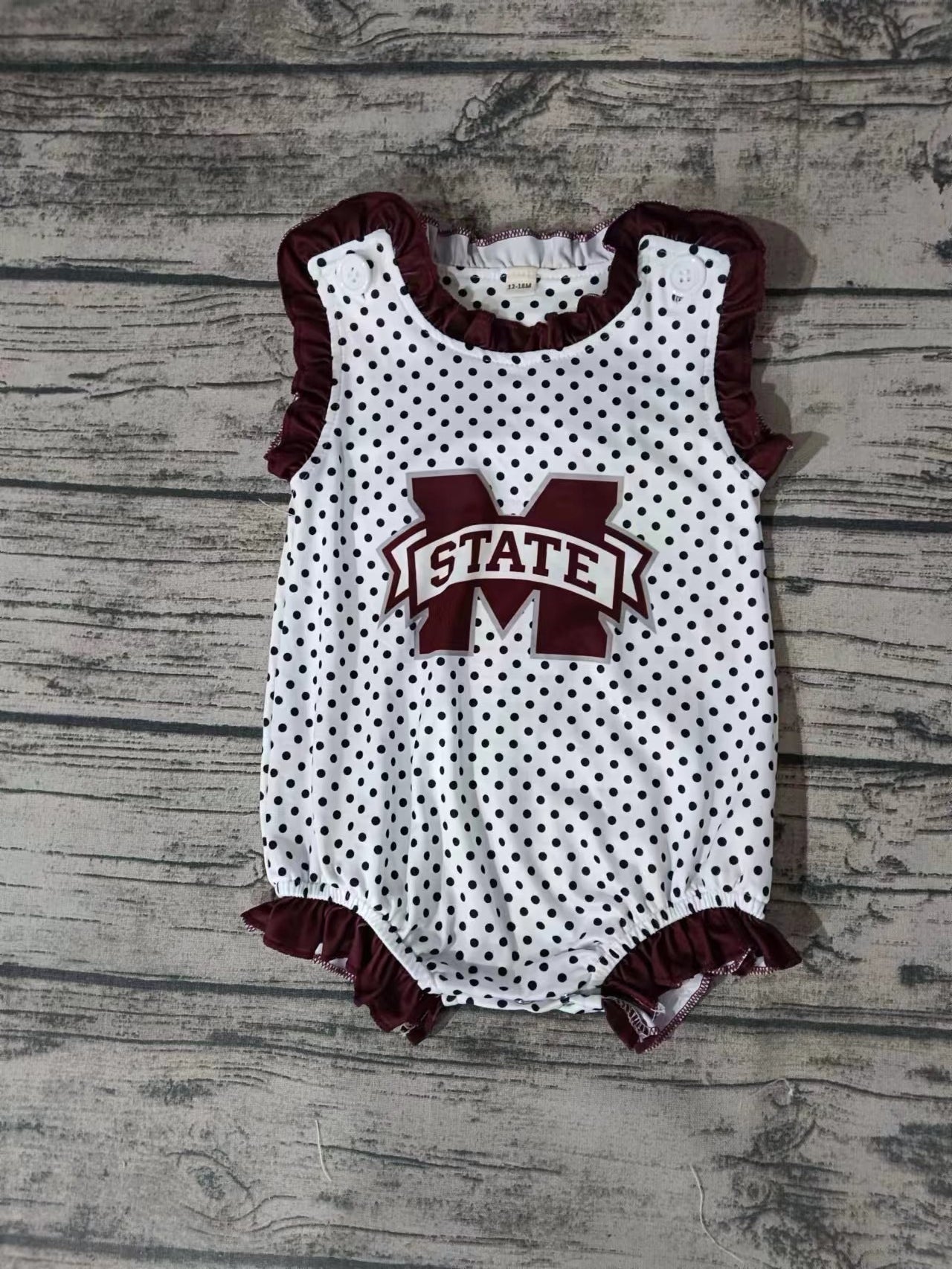 MOQ 3 pcs ruffle sleeveless M maroon polka dots baby team romper