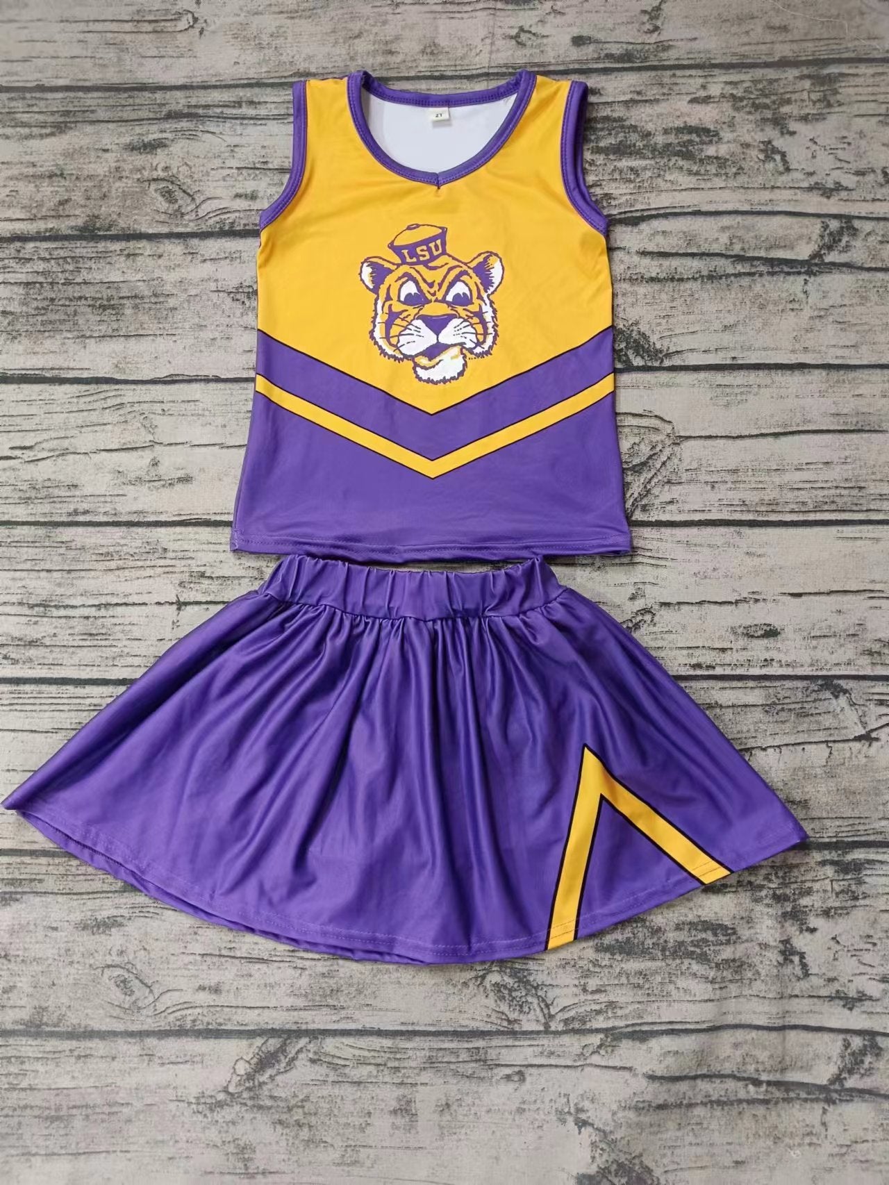 MOQ 3 pcs tiger yellow purple top skirt girls cheer clothes