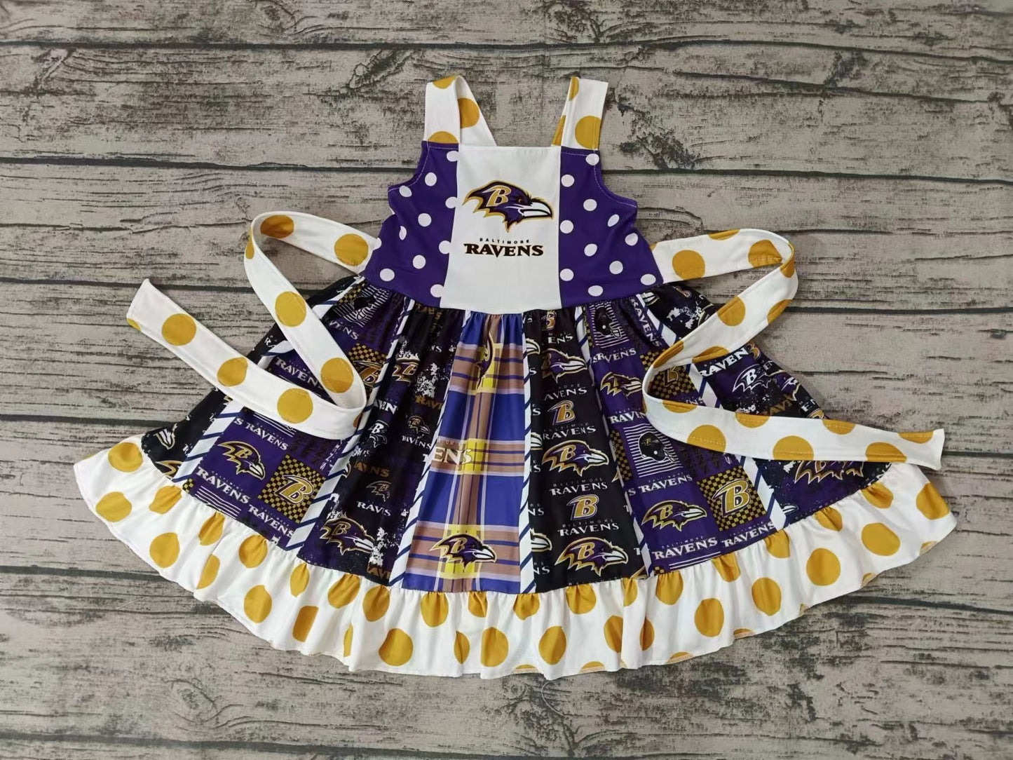 MOQ 3 pcs purple patchwork B girls team belt dress