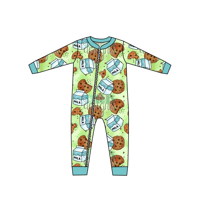 MOQ 5 PCS green milk cookie baby boy zipper Christmas romper
