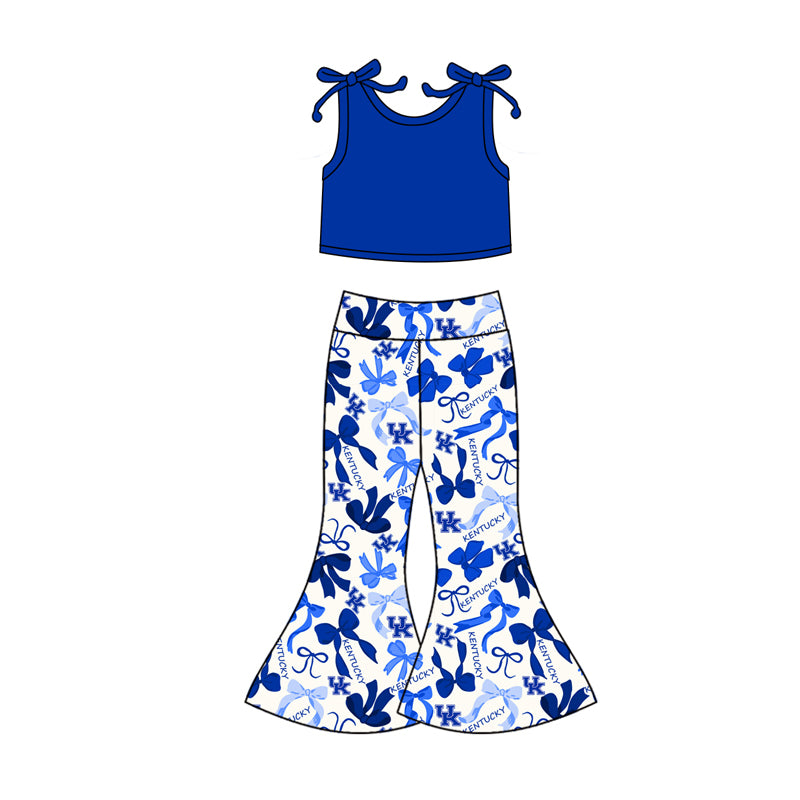 MOQ 3 pcs Sleeveless blue top U K bow pants girls team clothes