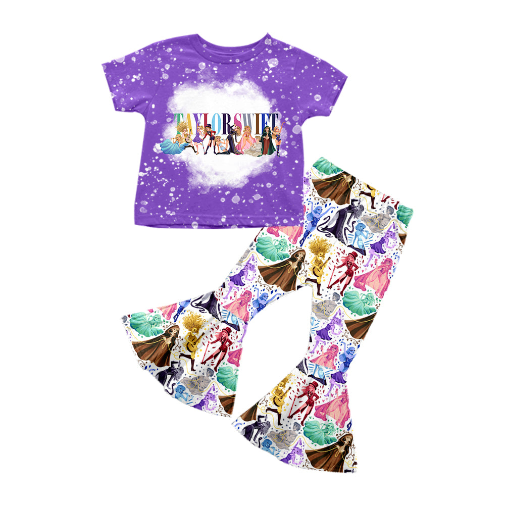 MOQ 3 purple top bell bottom pants ears singer girls outfits