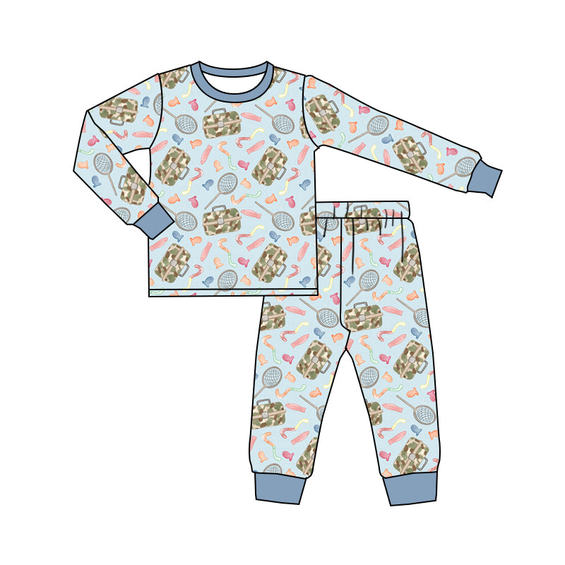 MOQ 5 blue fishing baby boy long sleeves pajamas