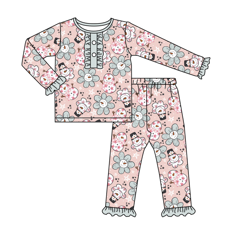 MOQ 5 snowman flower long sleeves baby girls pajamas