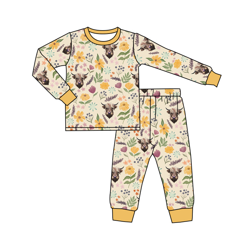 MOQ 5 Cow yellow floral baby girls pajamas