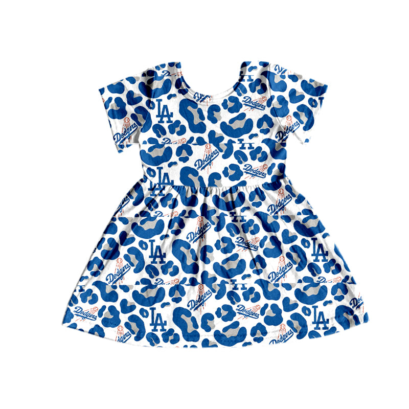 MOQ 5 PCSLA blue leopard short sleeves girls team dress
