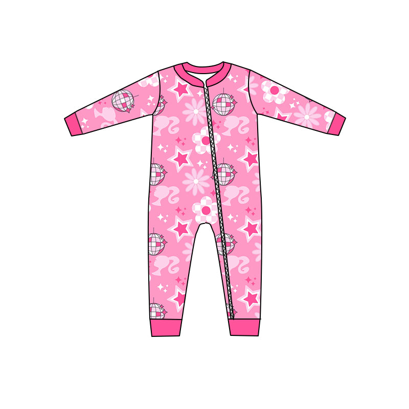 MOQ 5 PCS pink floral party baby girls zipper romper