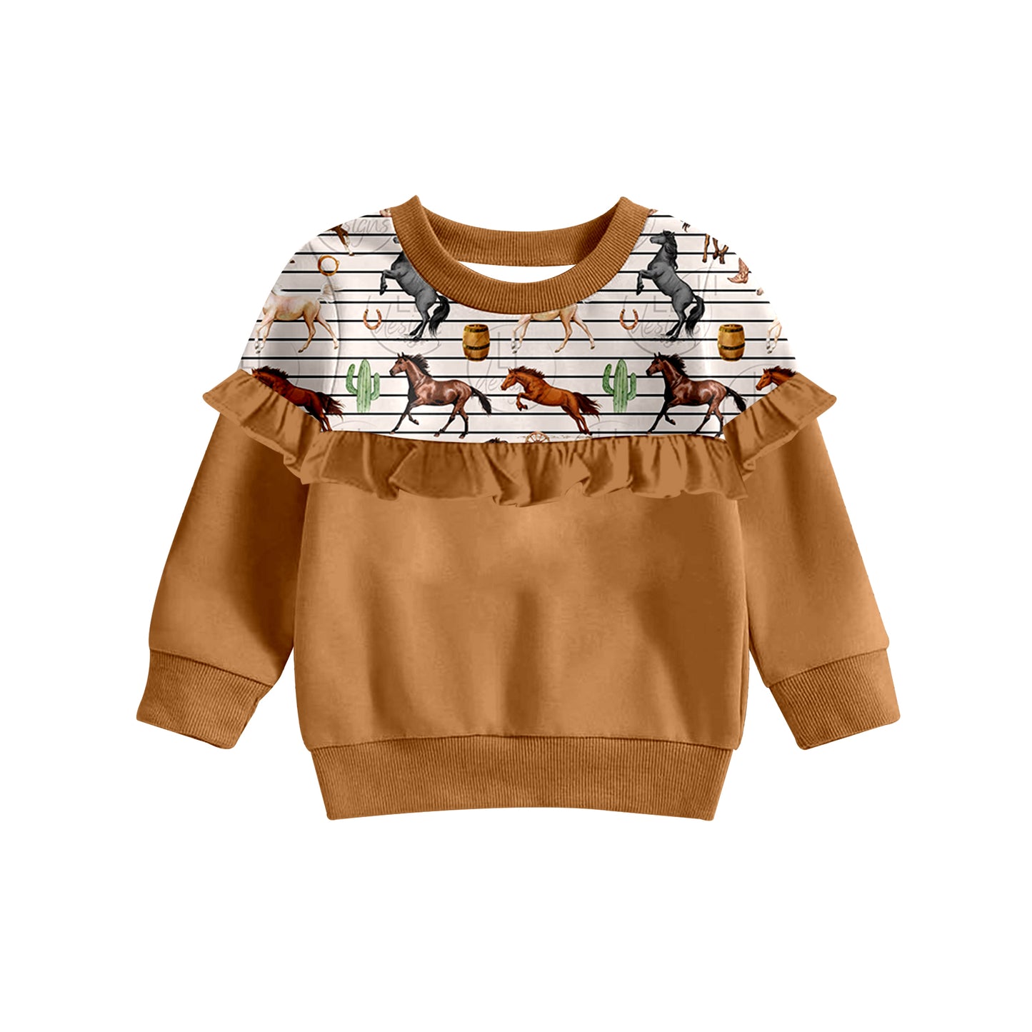 MOQ 5 brown stripe horses ruffle girls shirt