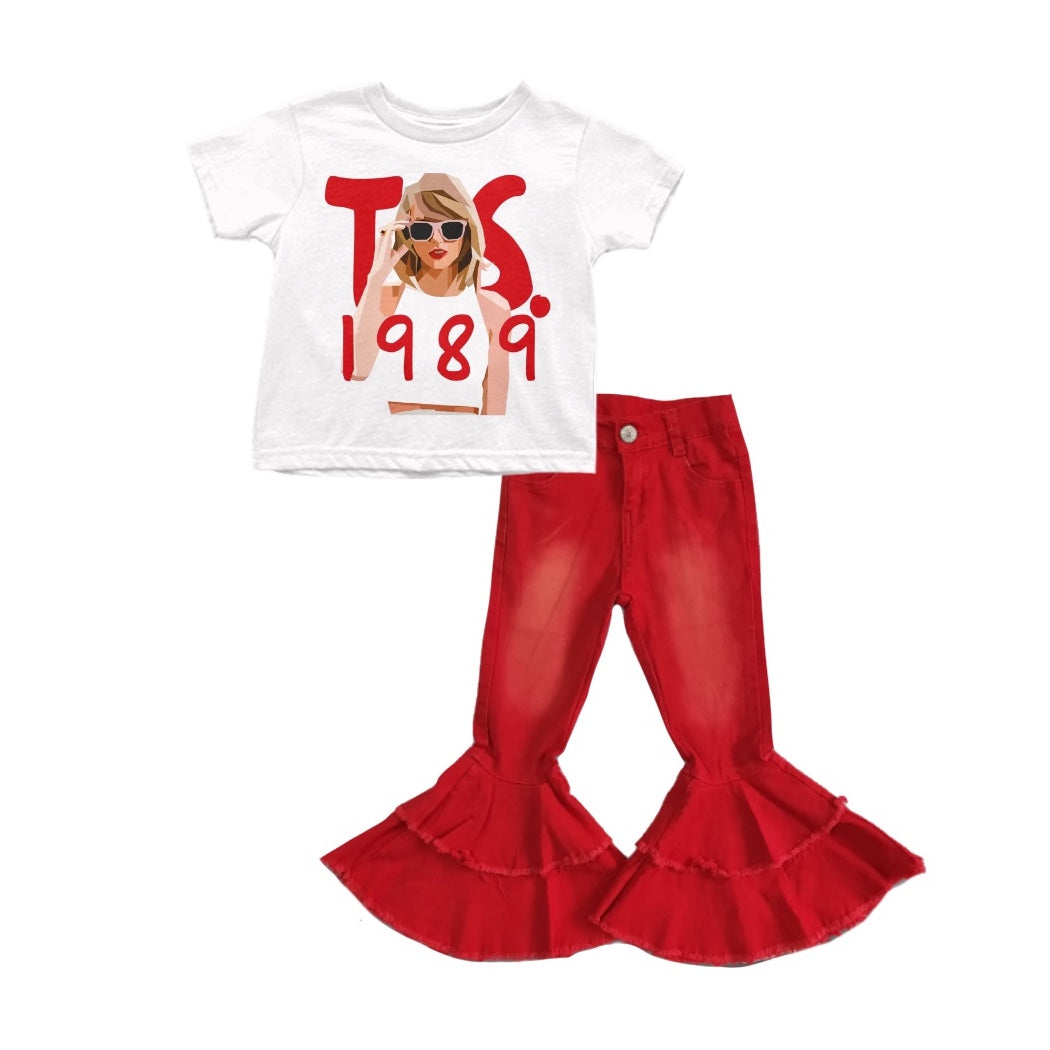 MOQ 3 pcs white top red jeans ears singer girls clothing set
