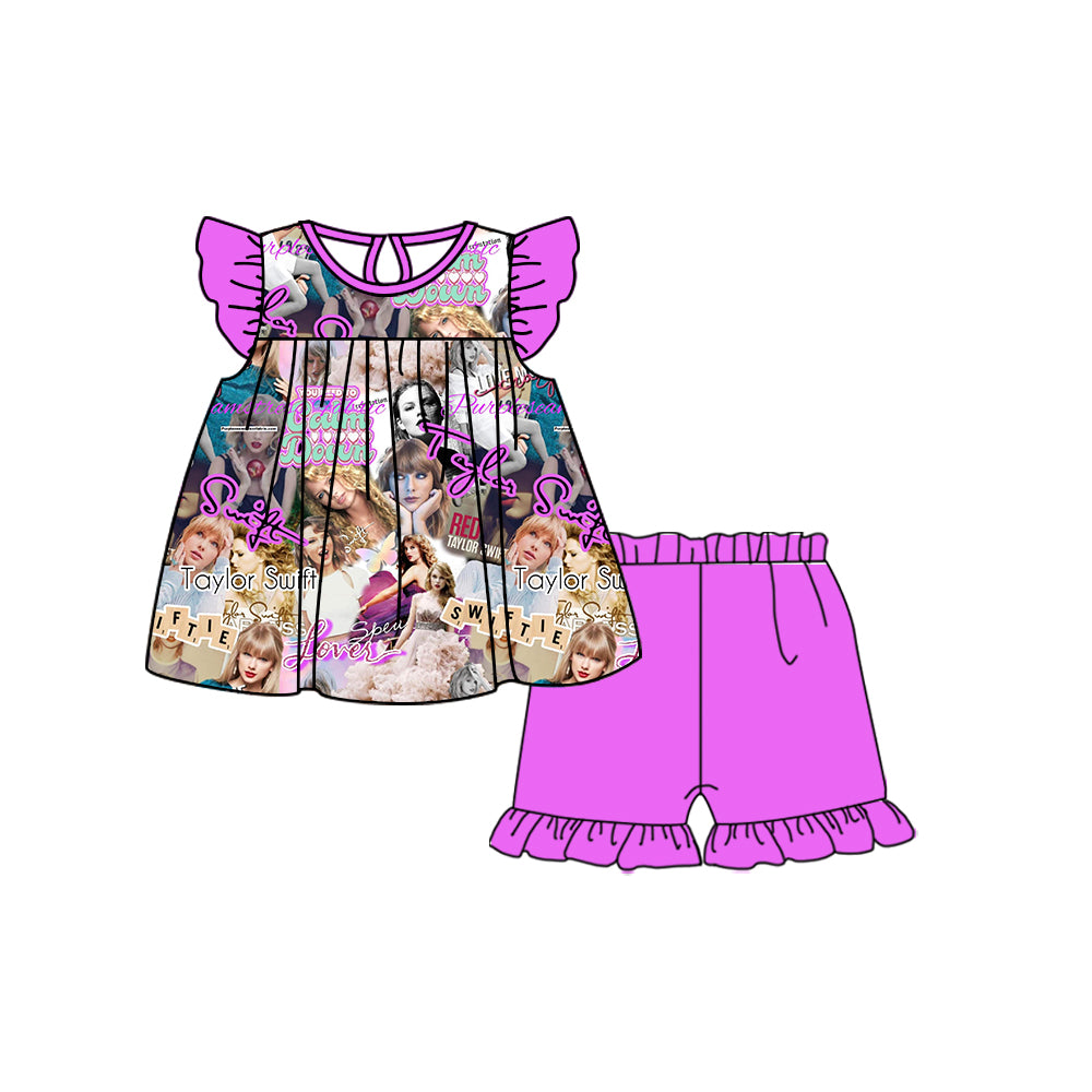 MOQ 3 Flutter sleeves butterfly tunic shorts singer girls set