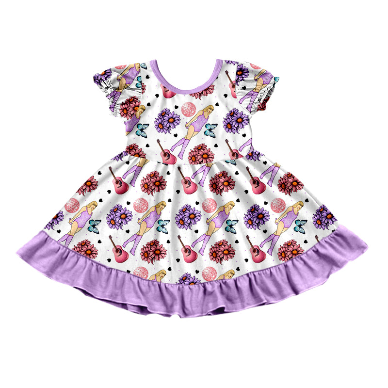 MOQ 3 pcs short sleeves guitar floral singer girls dress