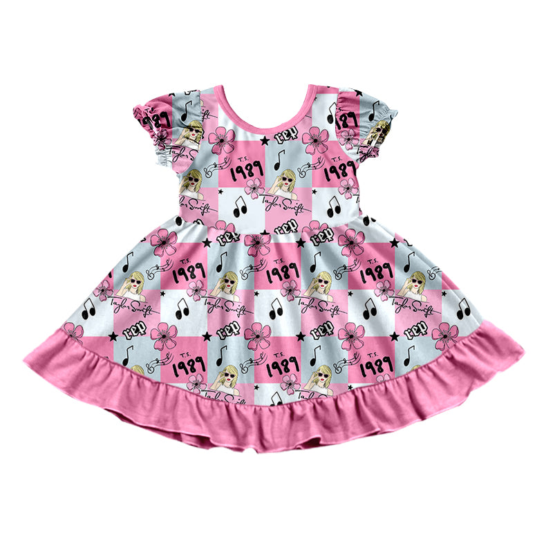 MOQ 3 short sleeves pink plaid flower singer girls dress