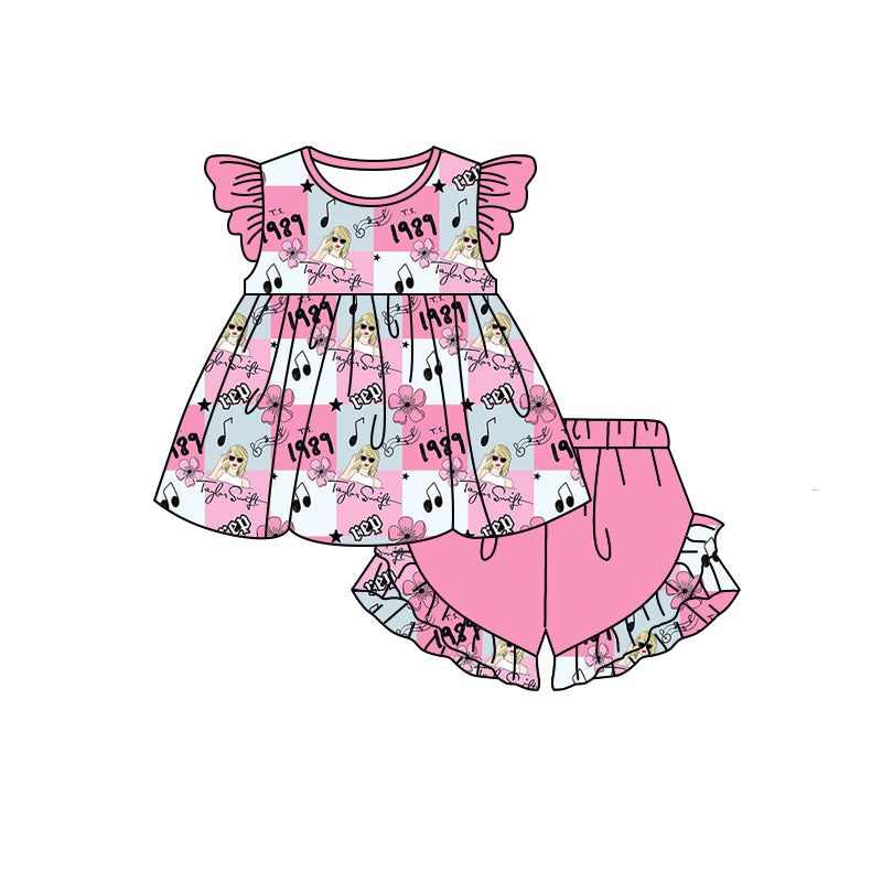 MOQ 3 flutter sleeves pink floral plaid singer girls summer set