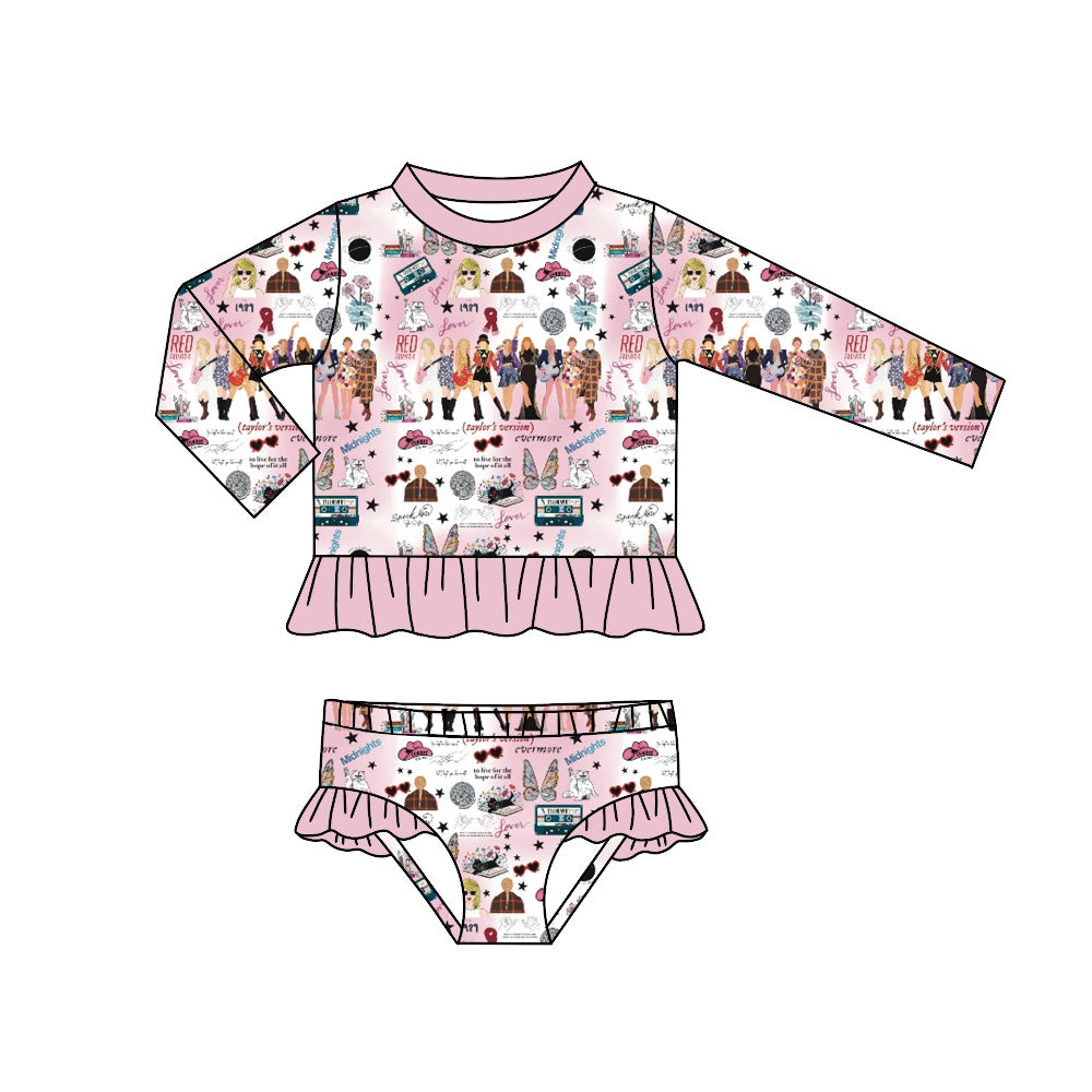 MOQ 3 long sleeves pink ruffle butterfly singer girls swimsuit