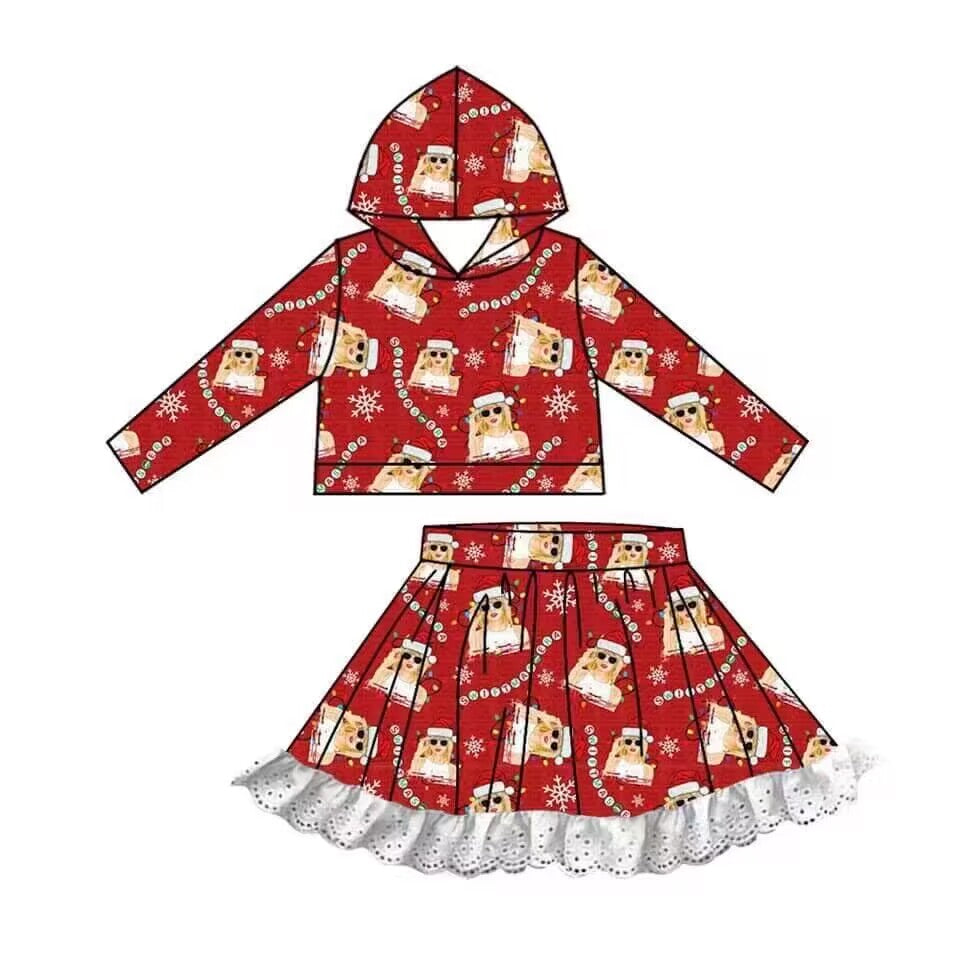 Deadline Aug red long sleeves singer hoodie skirt girls Christmas outfits