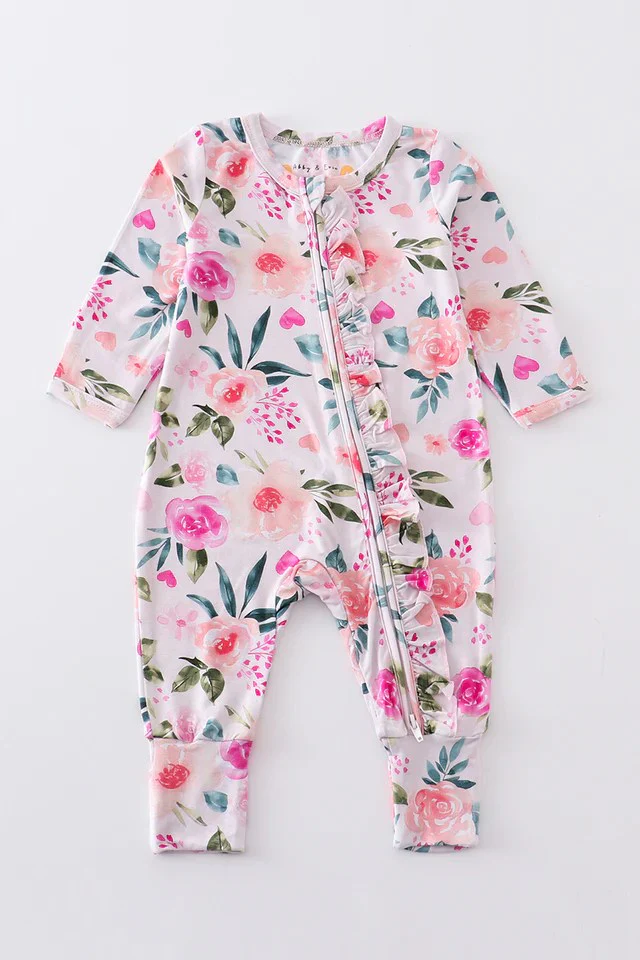 Deadline Aug 6 pink floral long sleeves ruffle girls zipper romper