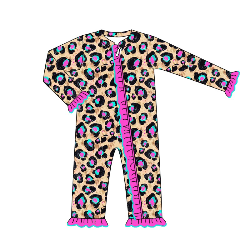 Deadline Feb 1 Hot pink ruffle leopard baby girls zipper romper