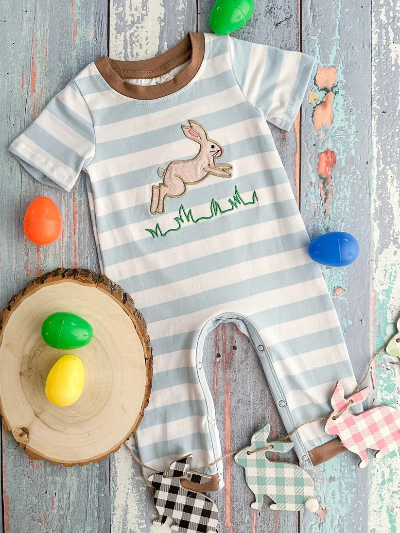 Deadline  Feb 17 short sleeves bunny egg baby boys easter romper