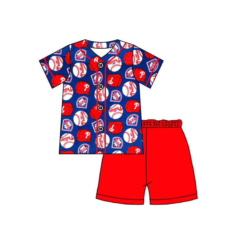 MOQ 3 pcs short sleeves baseball P top red shorts boys team clothes