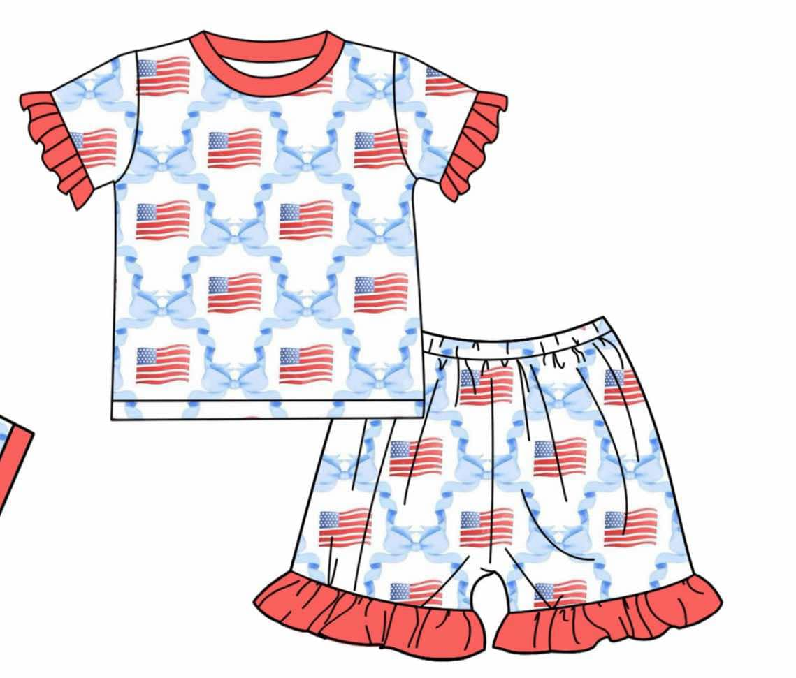 Deadline  March 5 short sleeves flag bow kids girls 4th of july pajamas
