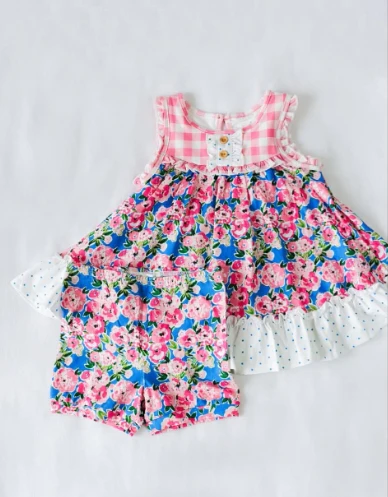 Deadline March 23 sleeveless plaid floral tunic shorts girls clothes