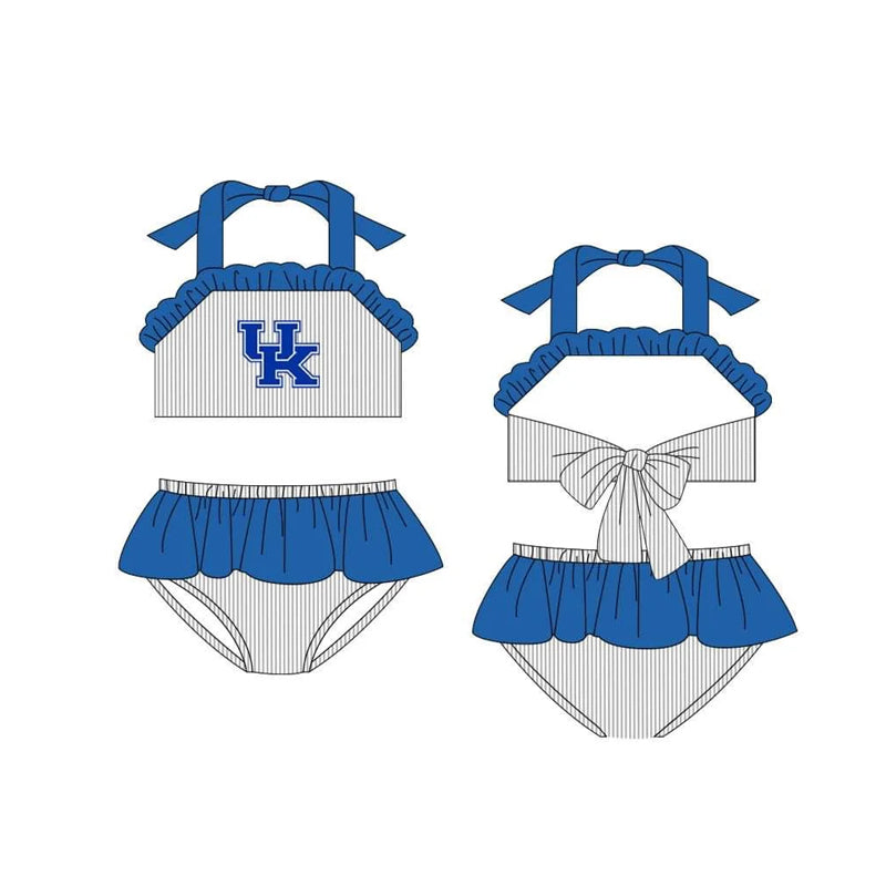 Deadline March 30 Blue ruffle stripe U K girls team swimsuit