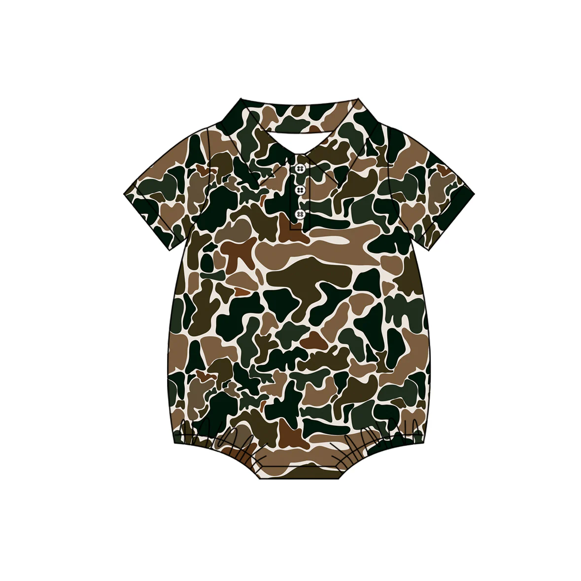 Deadline April 9 Brown camo short sleeves baby boy polo romper