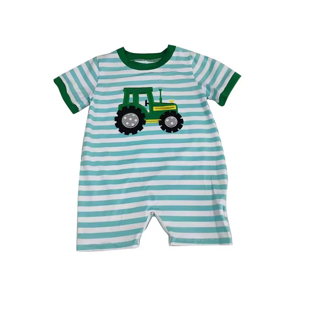 Deadline April 9 short sleeves stripe tractor baby boy romper