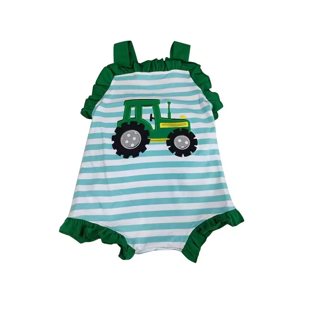 Deadline April 9 straps stripe tractor baby girls farm romper