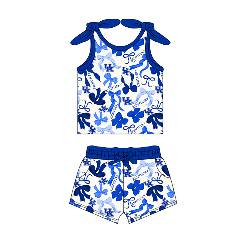 MOQ 3 pcs sleeveless blue bow U K top shorts girls team clothes