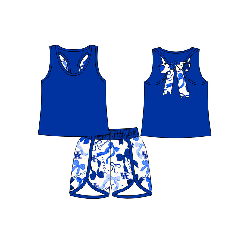 MOQ 3 pcs Blue sleeveless top U K bows shorts girls team set