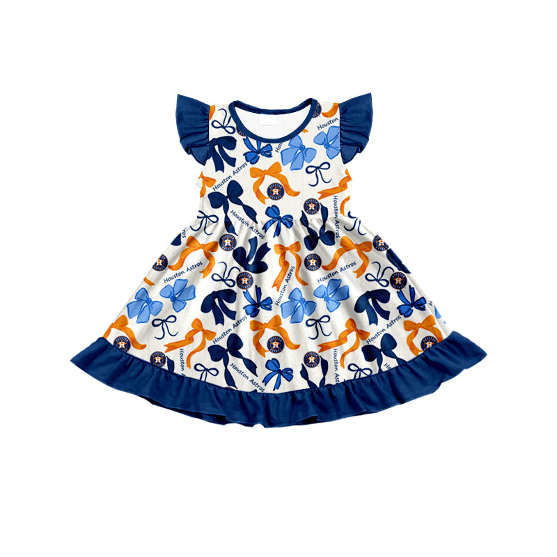 MOQ 3 pcs flutter sleeves blue bows H girls team dress