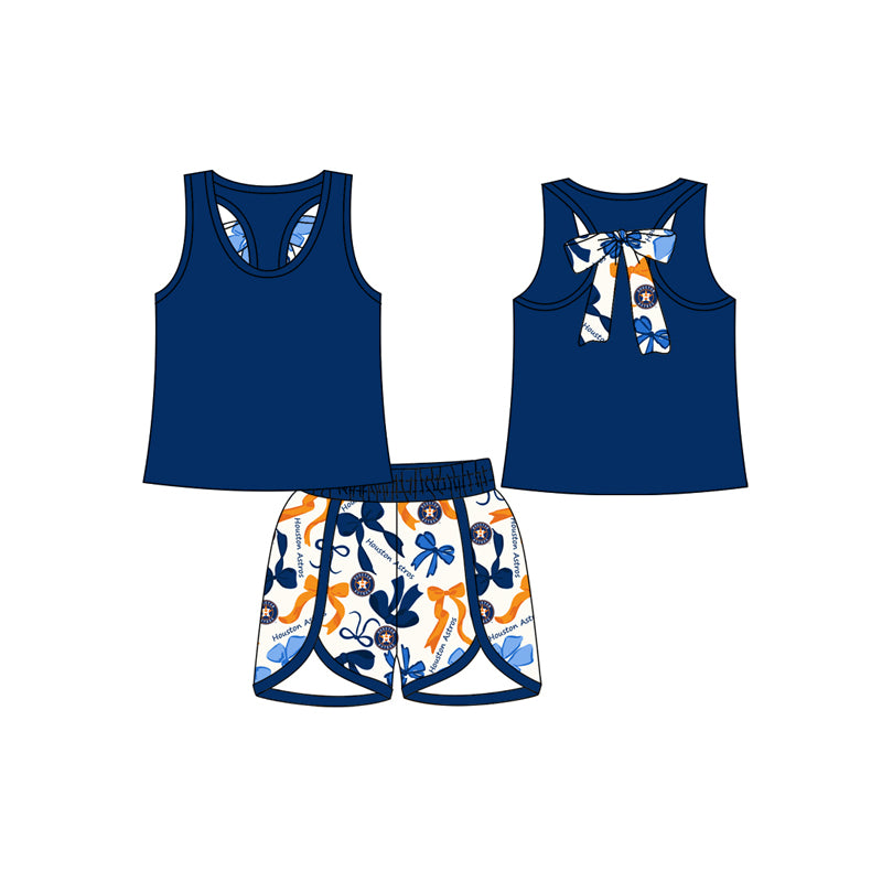 MOQ 3 pcs Navy sleeveless top H bows shorts girls team set