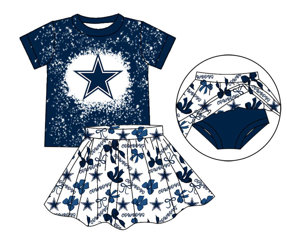 MOQ 3 pcs blue cowboy bleached top bow skirt girls team outfits