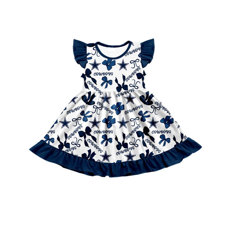 MOQ 3 pcs flutter sleeves cowboy blue bows girls team dress