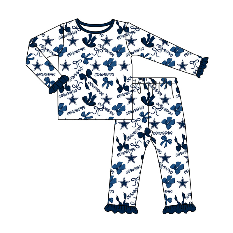 MOQ 3 Long sleeves cowboy blue bows kids girls team pajamas