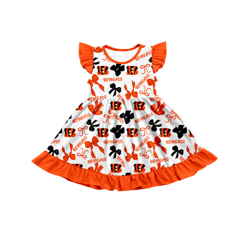 MOQ 3 pcs flutter sleeves B orange bows girls team dress