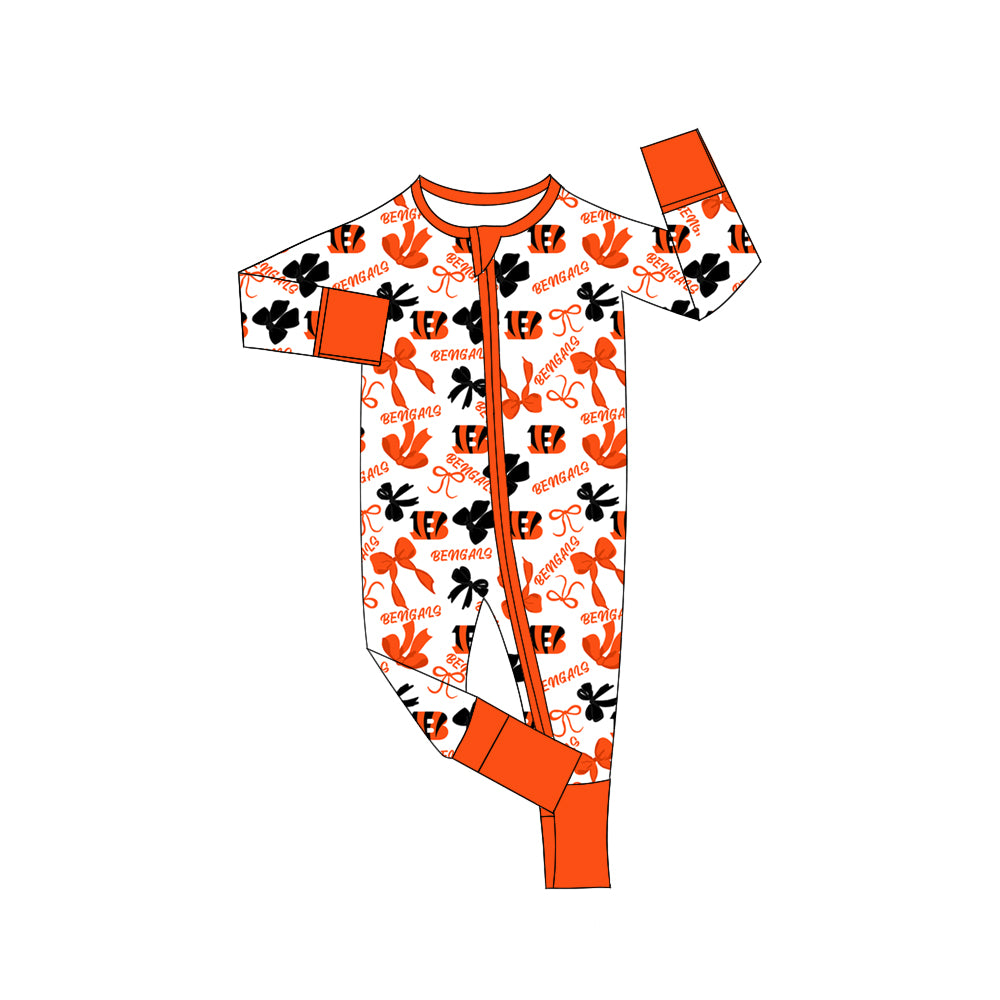 MOQ 3 pcs long sleeves B orange bows baby team zip romper