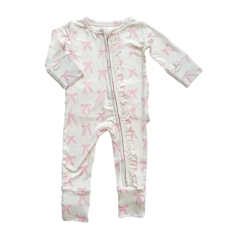 Deadline Aug 8 2025 long sleeves pink bow baby girls zipper romper