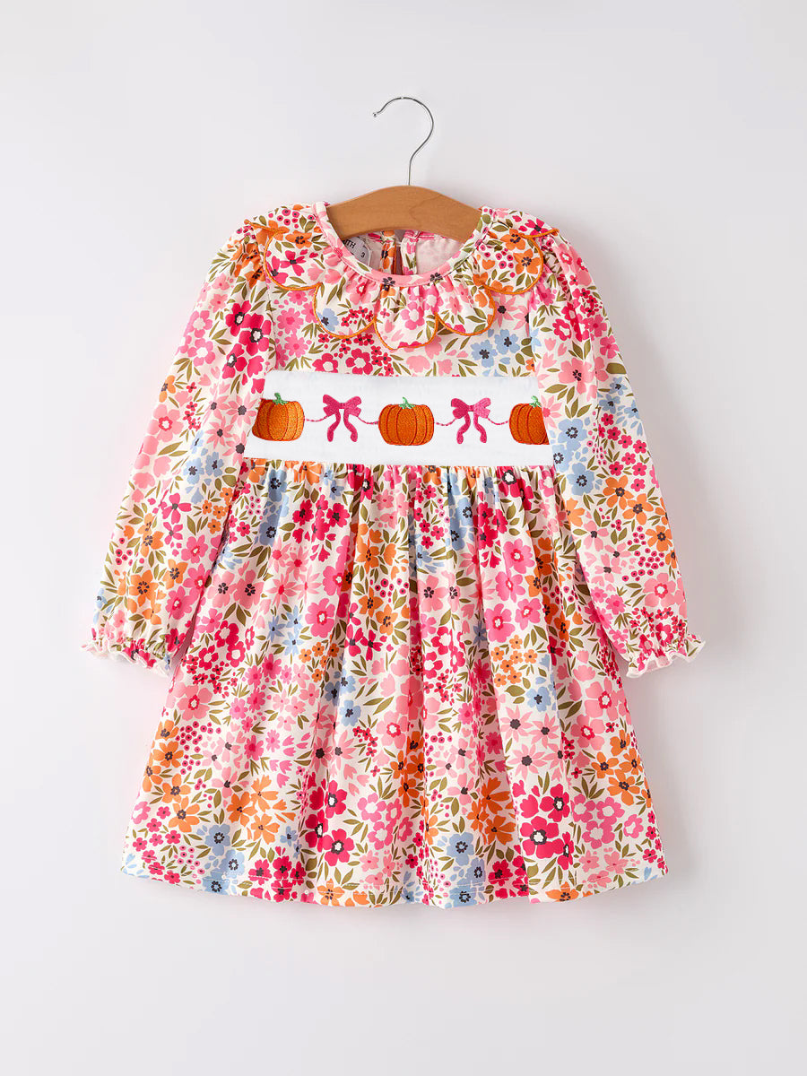 Deadline Aug 14 2025 long sleeves floral  pumpkin bow girls fall dress