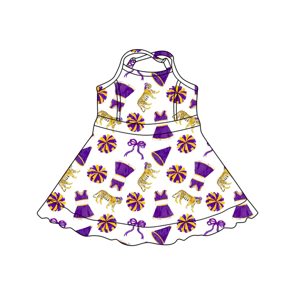 MOQ 5 pcs Straps purple tiger bow kids girls team athletic dress