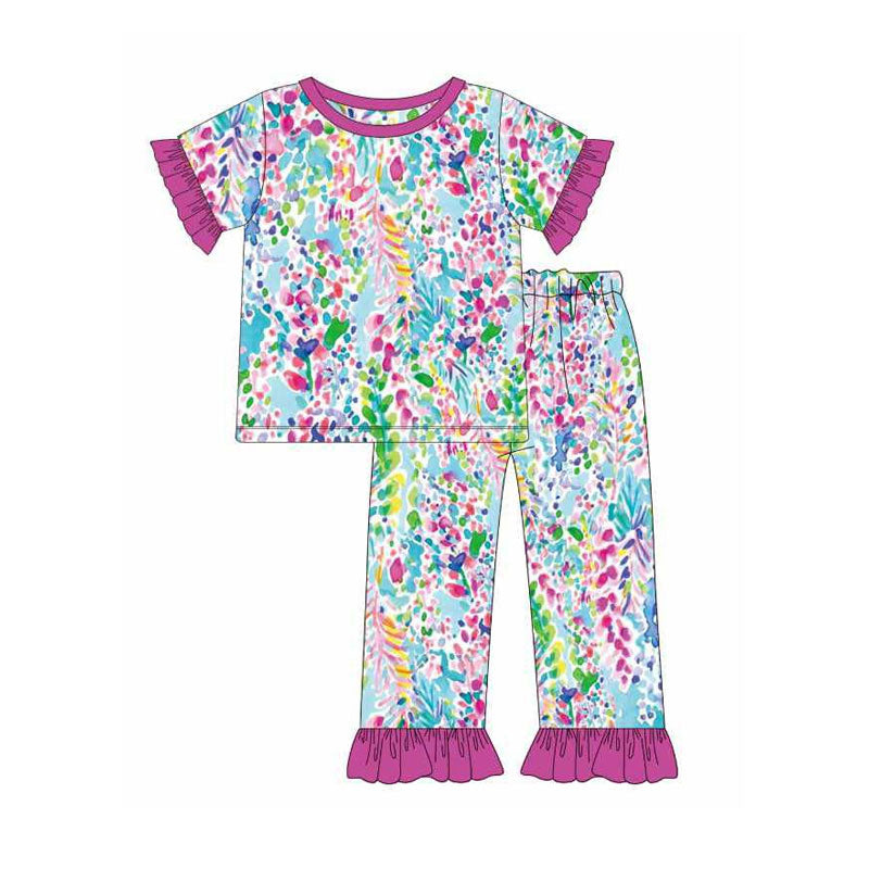 MOQ 5 ruffle short sleeves watercolor top pants girls outfits