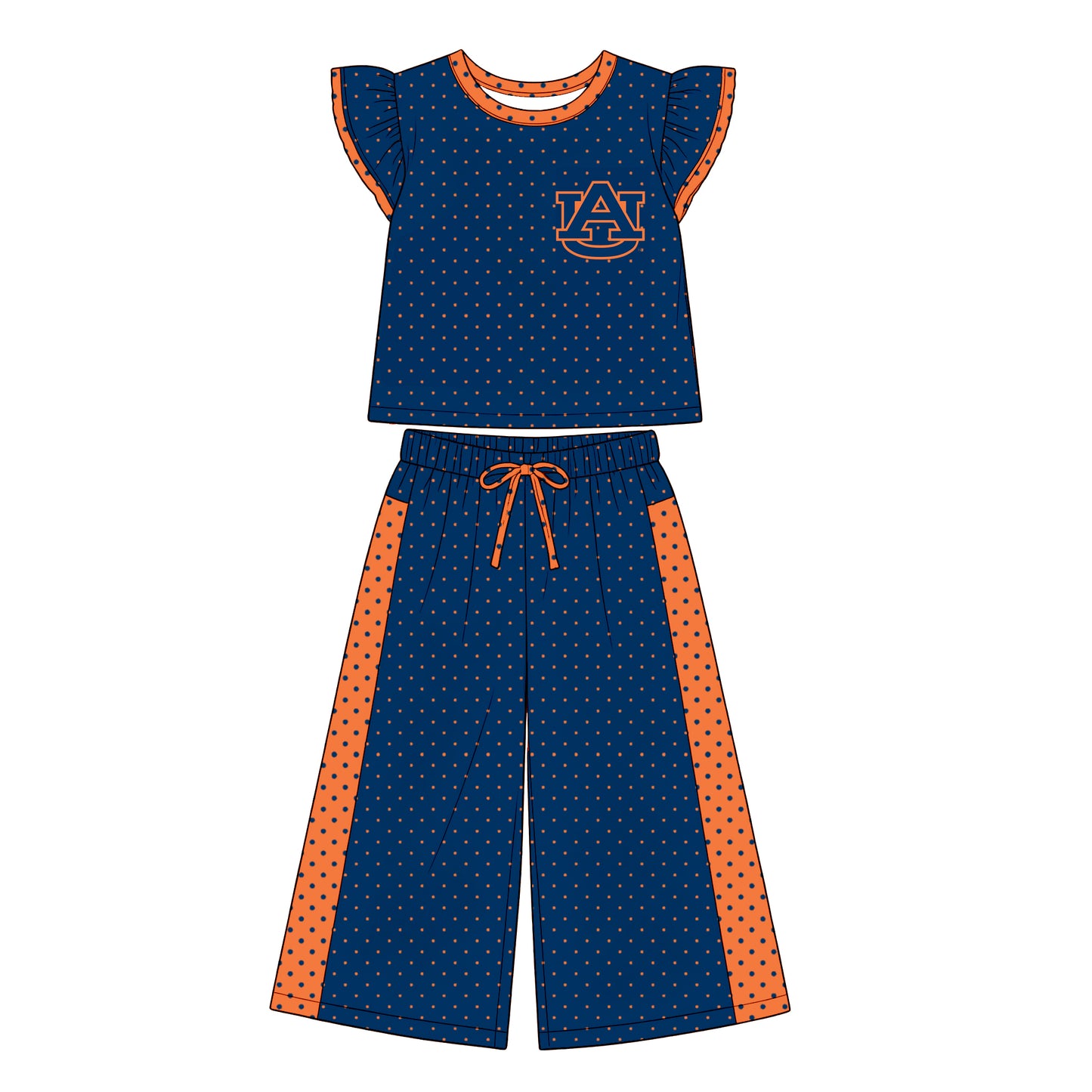 MOQ 5 flutter sleeves orange A U polka dots girls team outfits